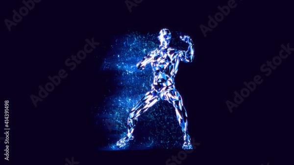 Obraz Renderowanie 3D wirtualnego boksera ćwiczące ciosy blisko aparatu. Niebieska energia i cząsteczki wokół niego.