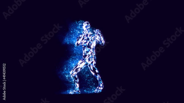 Obraz 3D rendering of virtual boxer practicing punches close to camera. Blue energy and particles around him.

