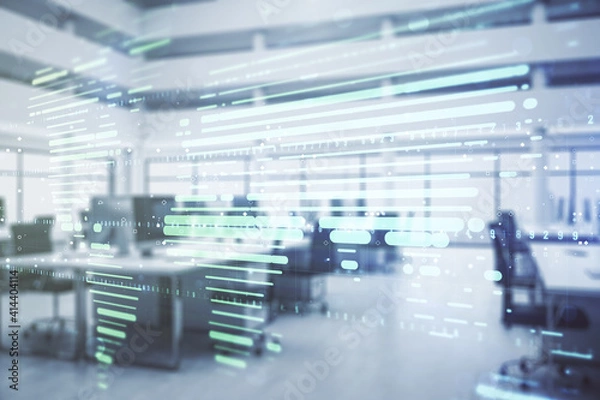 Fototapeta Abstract creative digital world map on a modern furnished classroom background, globalization concept. Multiexposure