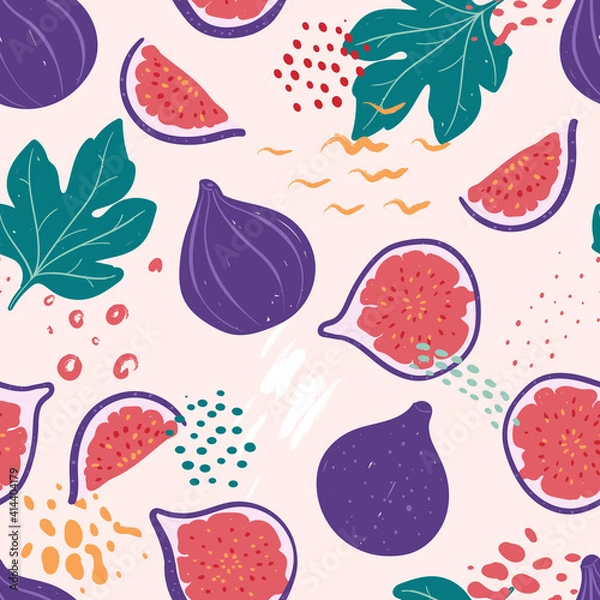 Fototapeta Doodle figs and abstract elements. Vector seamless pattern. Hand drawn illustrations.