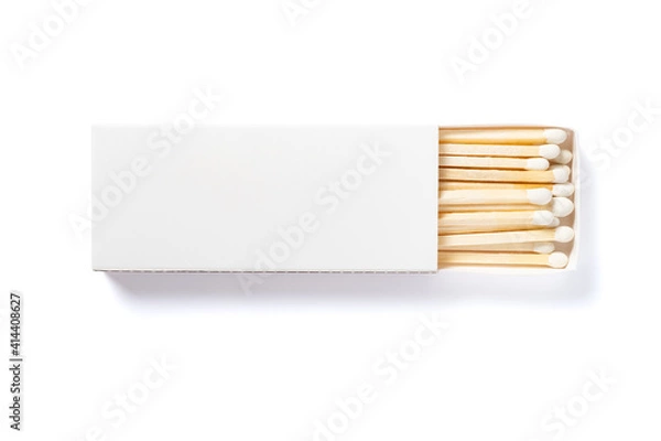 Fototapeta white matchbox and white match sticks on a white background with clipping path