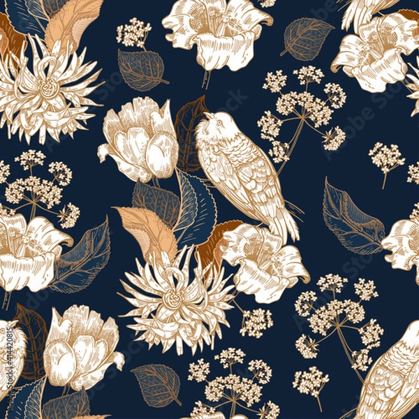 Obraz Seamless pattern with flowers. Blue vintage background.