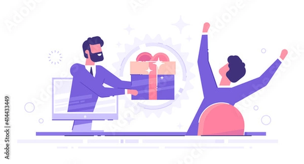Fototapeta Handsome businessman holds out a big gift box from a monitor to a happy man. Special offer or loyalty program concept. modern vector illustration.
