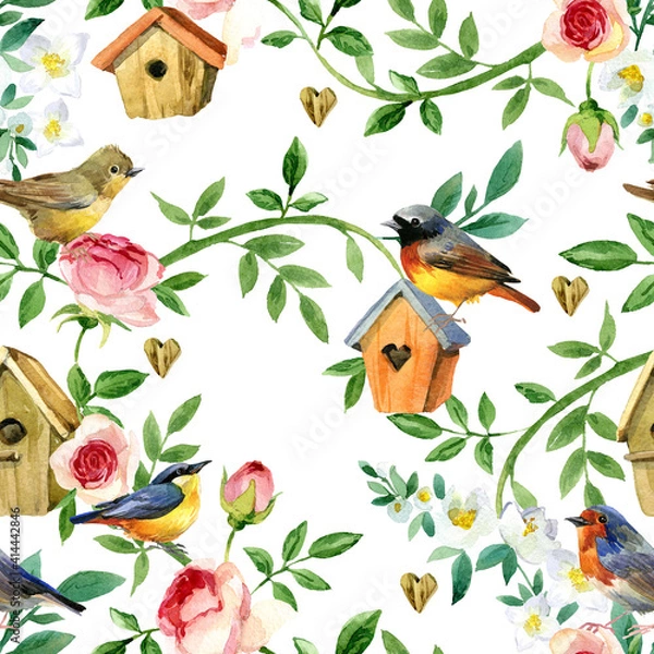 Obraz Seamless pattern with blossom garden plants and birds