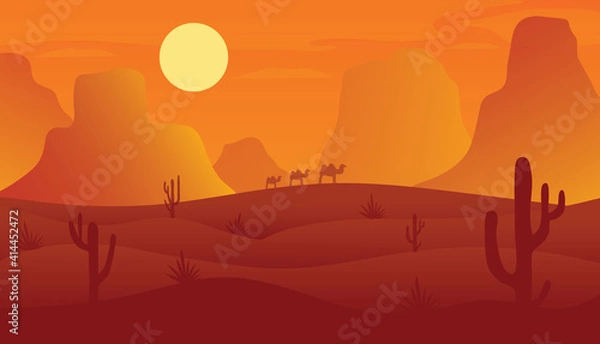Obraz Desert landscape with dunes and cacti, vector nature horizontal background, vector illustration.