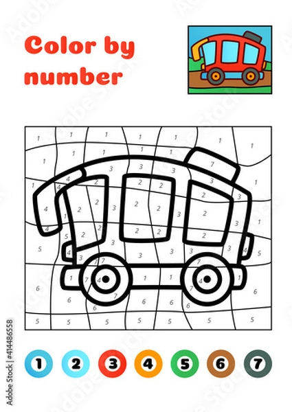 Fototapeta Color by number cartoon cute reb bus. Vector EPS10