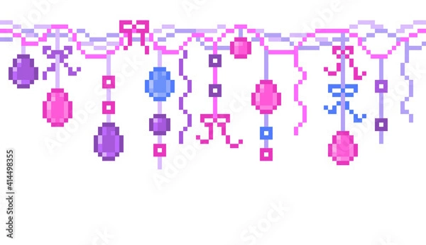 Fototapeta Pixel art Easter party decorative garland isolated on white background. 8 bit seamless horizontal border with purple, blue and pink eggs, ribbons, bows, balls. Retro video game graphics.