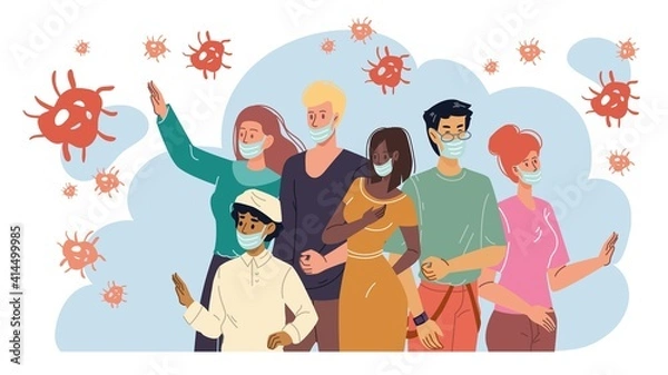 Fototapeta Cartoon flat characters wear face masks coronavirus covid-19 disease prevention protective measures vs 2019-ncov, personal hygiene viral respiratory infection concept