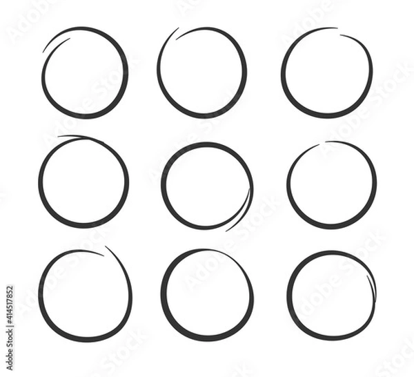 Fototapeta Collection of hand drawn black highlight circle. Highlighter marks, strokes. Design elements isolated on white background.