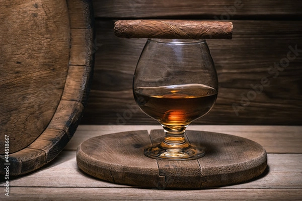 Fototapeta Glass of cognac stands on wooden stand made of oak on glass on top of Havana cigar lies in light rays on blurred background in boke.  Cognac glass background.