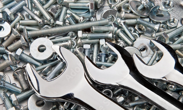 Obraz Chrome spanners, nuts and bolts useful as a background