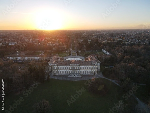 Obraz Aerial view of facade of the elegant Villa Reale in Monza, Lombardy, north Italy. Drone photography in Italy of the amazin Royal Palace of Monza.