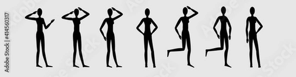 Fototapeta Silhouette of a female figure in different poses, set of 1, standing figure , different positions of legs and arms, manequin suitable for clothing designs, vector character