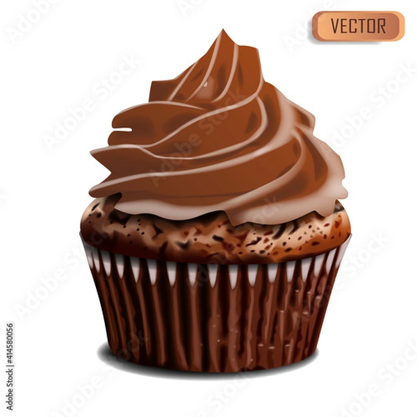 Fototapeta Chocolate cupcake, delicious creamy muffin realistic vector illustration. 3d muffin chocolate bake dessert isolated object on white background