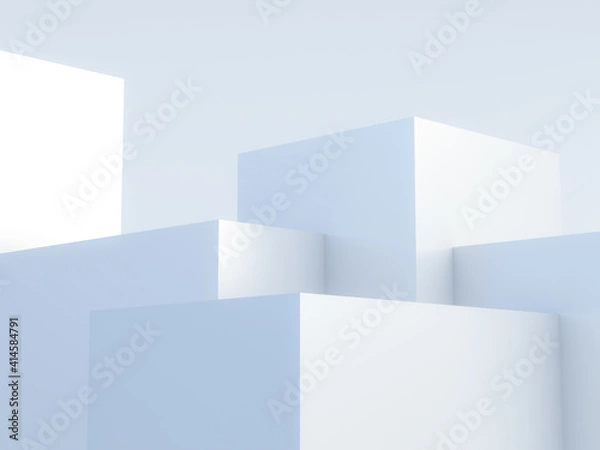 Fototapeta The product placement stage is white steps with blue atmosphere. 3D Render