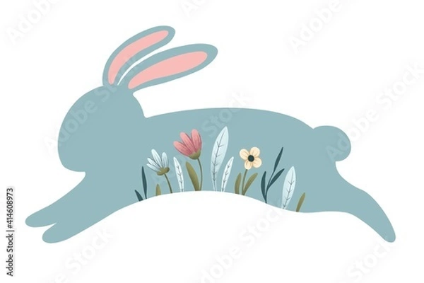 Obraz easter bunny. blue silhouette of a rabbit with spring flowers. festive color illustration. 