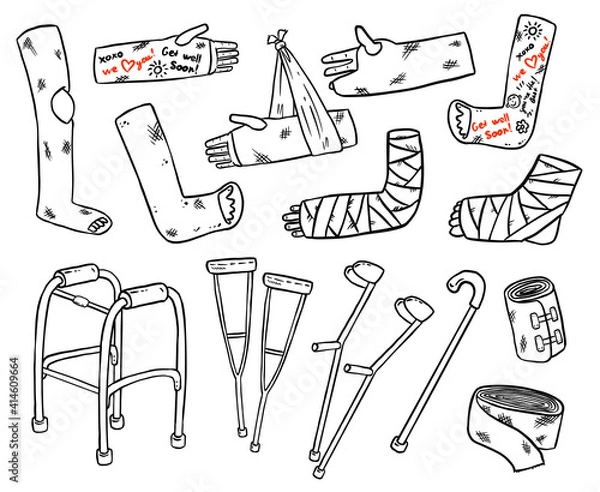 Obraz Set of crutches for disabled people with broken legs, arms and hands cast doodles. Collection of injured limbs in gypsum plasters and walking support. Media glyph symbols