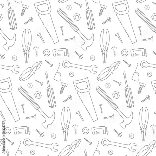Fototapeta Doodle work tools seamless pattern Different industrial equipment background. hand drawn Vector illustration