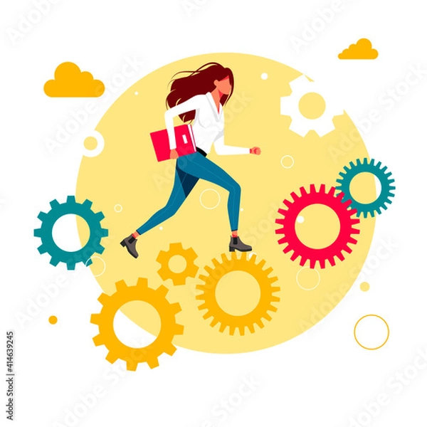 Fototapeta office workers, managers, woman, girl Successful businessmen running up the career gears mechanism. Business goal achievement, career ladder progress, advancement, Career growth, Vector illustration