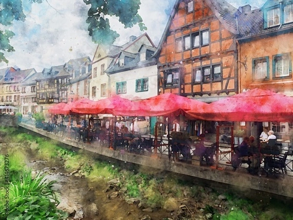 Fototapeta Watercolor painting of cityscape of Bad Muenstereifel in Germany.