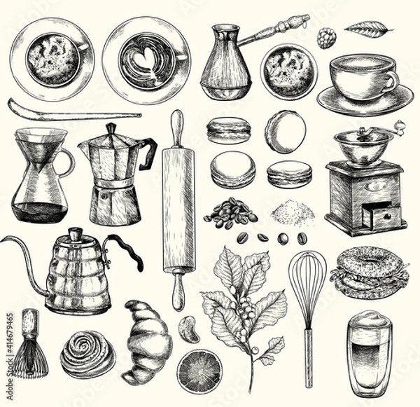 Fototapeta Coffeeshop and bakery set. Hand drawn coffee, matcha, croissant, macaron, kettle, mug, chasen, beans, food and barista equipment. Vector engraved icon set. Restaurant branding template, menu design.