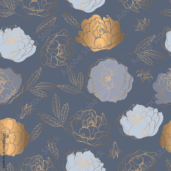 Fototapeta Modern seamless pattern with grey and gold spring flowers. Grey floral background for textile, fabric manufacturing, wallpaper, covers, surface, print, gift wrap, scrapbooking. Vector.