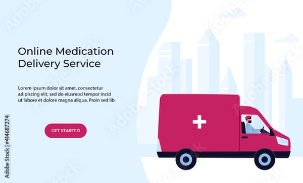 Fototapeta COVID-19. Quarantine. Coronavirus epidemic. Delivery man in a protective mask delivers medicine by car. Free medicament shipping. Web page template