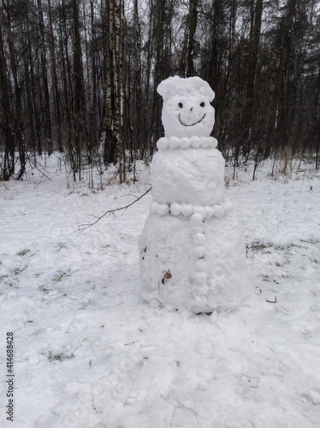 Fototapeta photo of a snowman on a winter day. winter forest. landscape with snow. snowman on the background of the forest in the snow.