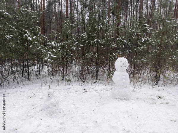 Fototapeta photo of a snowman on a winter day. winter forest. landscape with snow. snowman on the background of the forest in the snow.