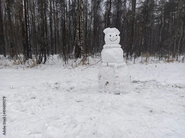 Fototapeta photo of a snowman on a winter day. winter forest. landscape with snow. snowman on the background of the forest in the snow.