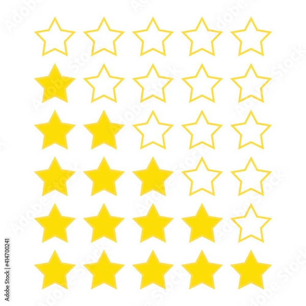 Fototapeta Set of 5 yellow stars on a white background. Five stars rating. Set, collection of star rating badges, labels for web and print.
