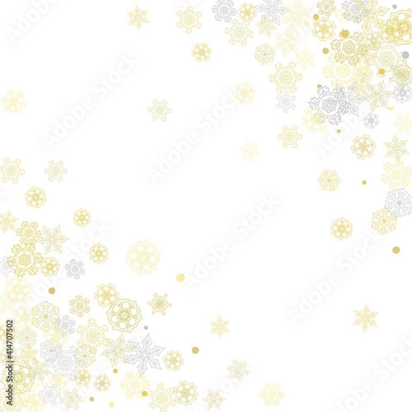 Fototapeta Gold snowflakes frame on white background. New year theme. Stylish shiny Christmas frame for holiday banner, card, sales, special offers. Falling snow with gold snowflakes and glitter for party invite