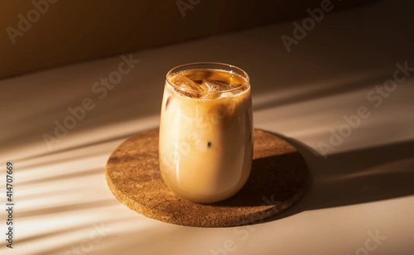 Obraz Glass of a iced coffee with cream milk. Cold brew coffee drink with ice. Early morning sun light. 