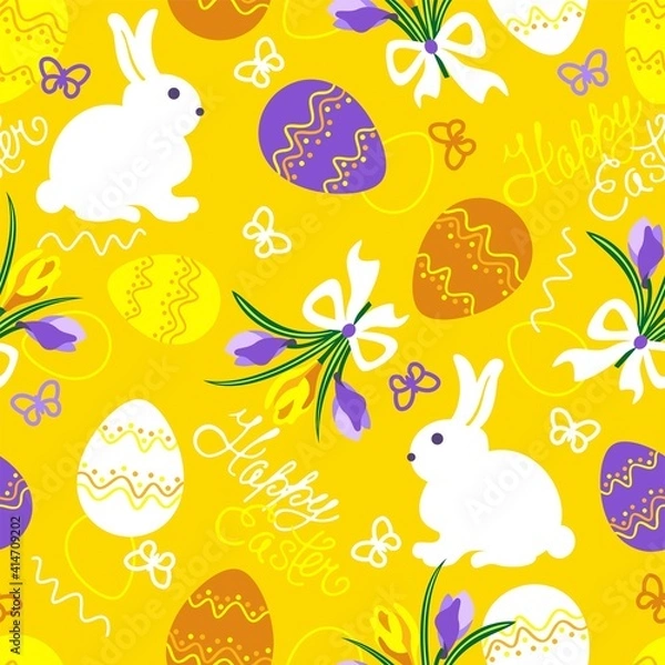 Fototapeta Easter pattern. Eggs, rabbits, bouquets of snowdrops on a yellow background. The  lettering "Happy Easter". Flat vector illustration.