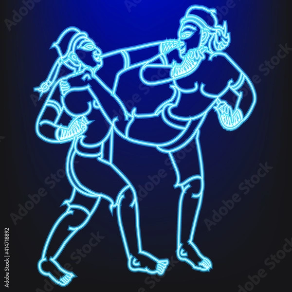Fototapeta Neon muay thai on black background.1 of 15 styles of Mae Mai Muay Thai.This style is called Crocodile thrash tail. Thai language is called Jorakhae Fard Hang.Vector illustration.