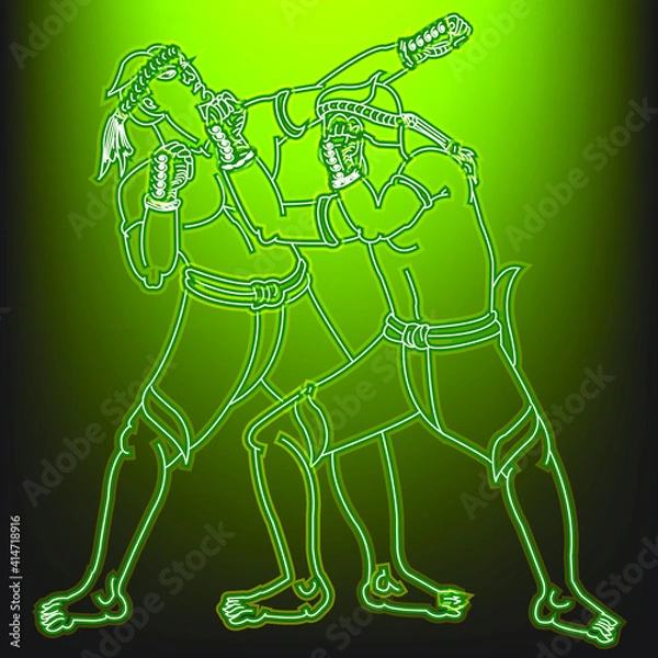 Fototapeta Neon muay thai on black background.1 of 15 styles of Mae Mai Muay Thai.This style is called Phrasumen mountain. Thai language is called Yor Khou Phra Su Main.