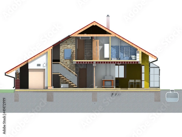 Fototapeta Front view of house in section on white background.