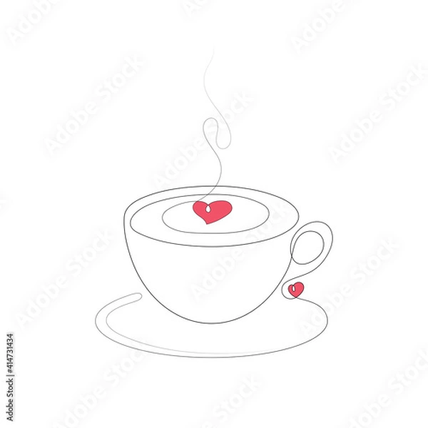 Obraz Continuous line drawn cup of tea or coffee with hearts.