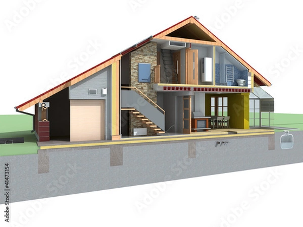 Fototapeta Perspective view of house in the section on white background.
