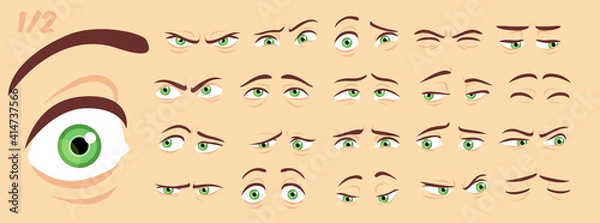 Fototapeta Male, female abstract cartoon eyes, eyebrows, eyelashes expression variations, emotions collection set 1/2, vector illustration