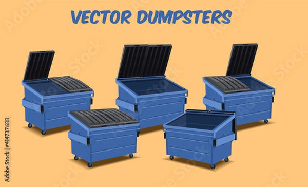 Fototapeta flat cartoon design of blue dumpster containers for plastic isolated on a transparent background, vector illustration