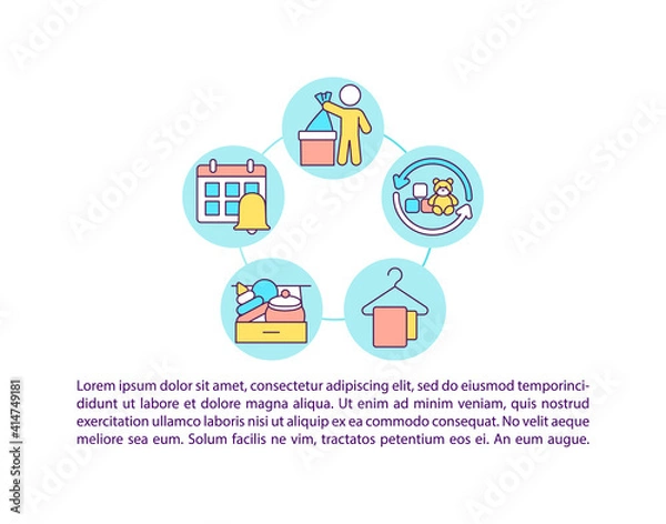 Fototapeta Teaching kids good habits concept icon with text. Teach your kids where things belong to be. PPT page vector template. Brochure, magazine, booklet design element with linear illustrations