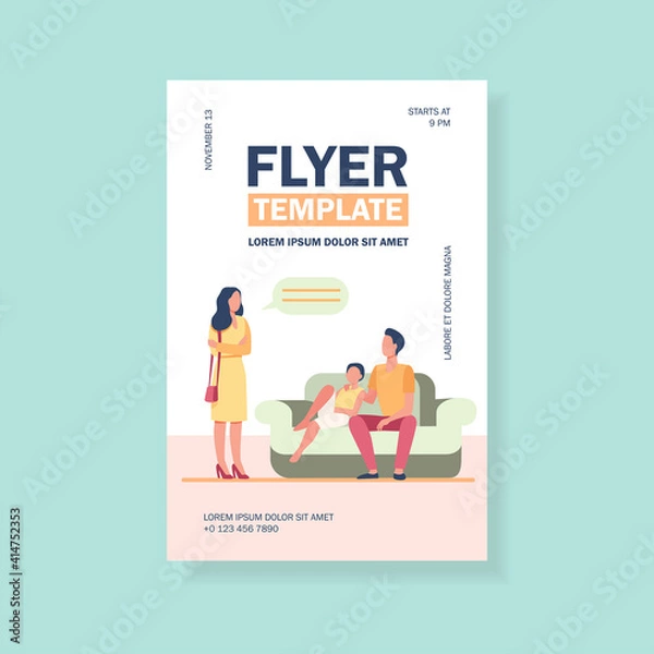 Fototapeta Unpleased woman talking with husband and son on sofa. Couch, wife, home flat vector illustration. Family and relationship concept for banner, website design or landing web page