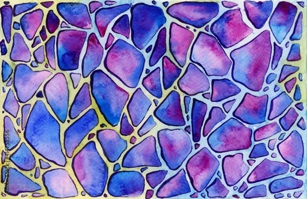 Fototapeta Abstract background,pieces of glass.Hand drawn watercolor illustration, blue and purple mosaic on the gradient fill