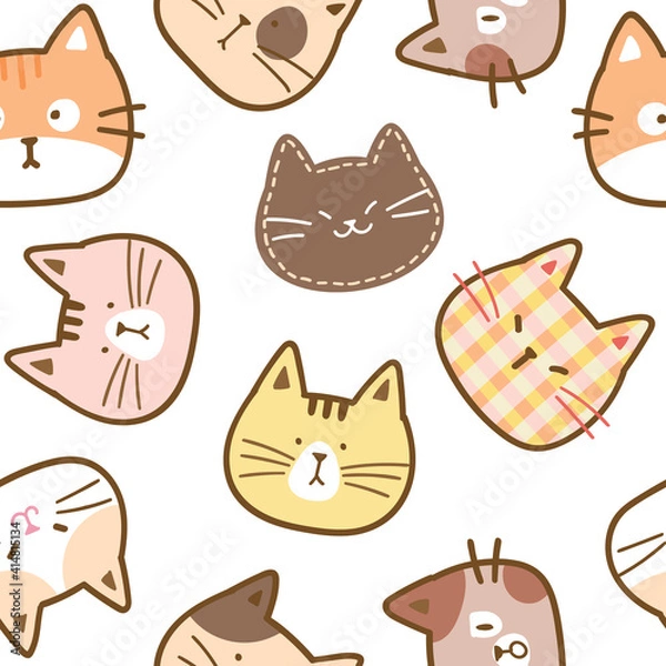 Fototapeta Seamless Pattern with Cute Cartoon Cat Face Illustration Design on White Background