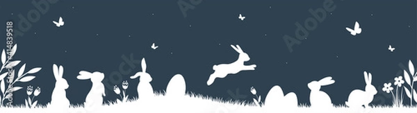Obraz Easter seamless pattern with bunnies and easter eggs. Hand drawn easter horizontal background with bunnies, flowers, easter eggs.