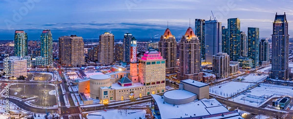 Fototapeta Evening aerial view of downtown Mississauga with detailed view of clock tower.