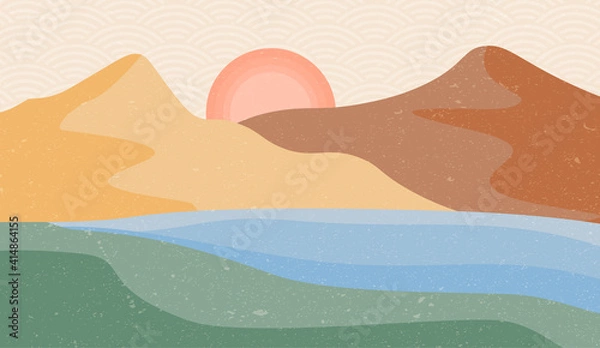 Obraz Creative minimalist hand painted abstract arts background. Nature mountain landscape painting with Japanese wave pattern vector.