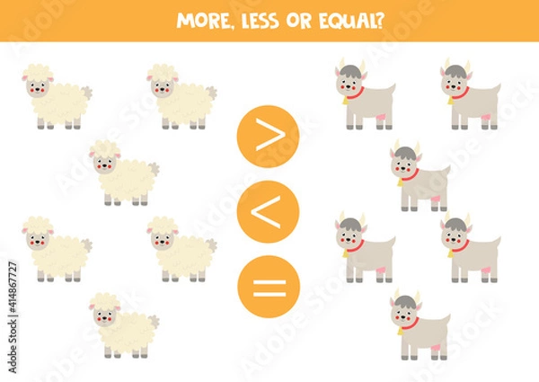 Fototapeta More, less, equal with cartoon sheep and goats.