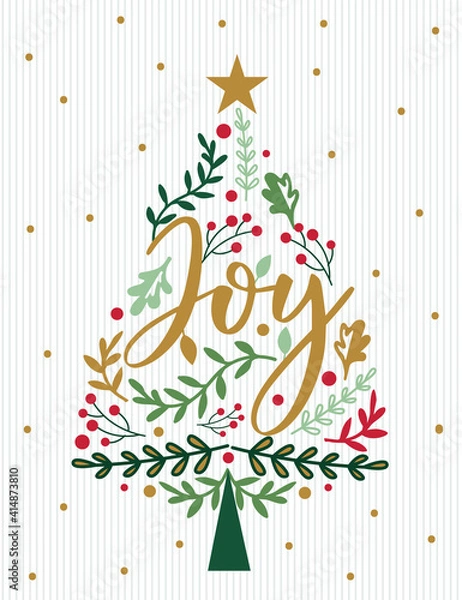 Fototapeta Christmas tree with joy letter and holly leaf pattern